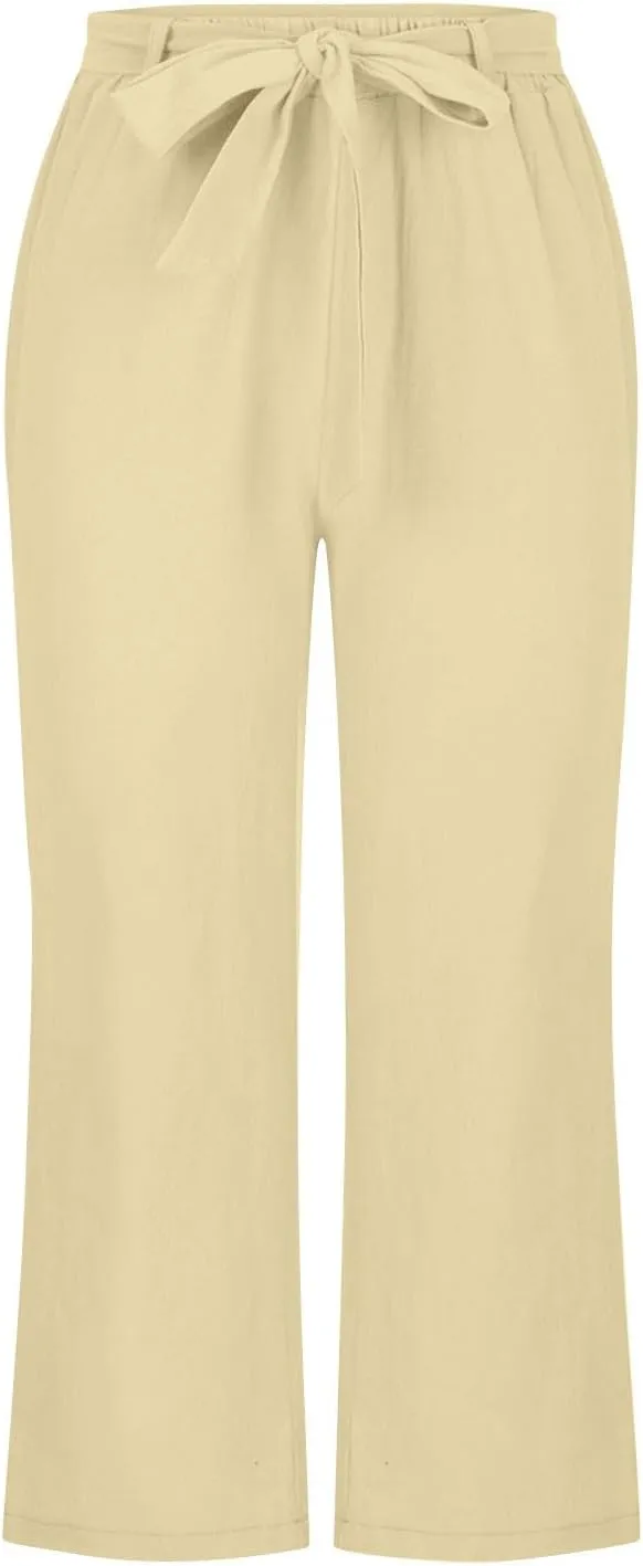 TANGNADE Capri Pants for Women Plus Size Dressy Casual Summer Cotton Linen Crop Pants Elastic Waist Vacation Trouser