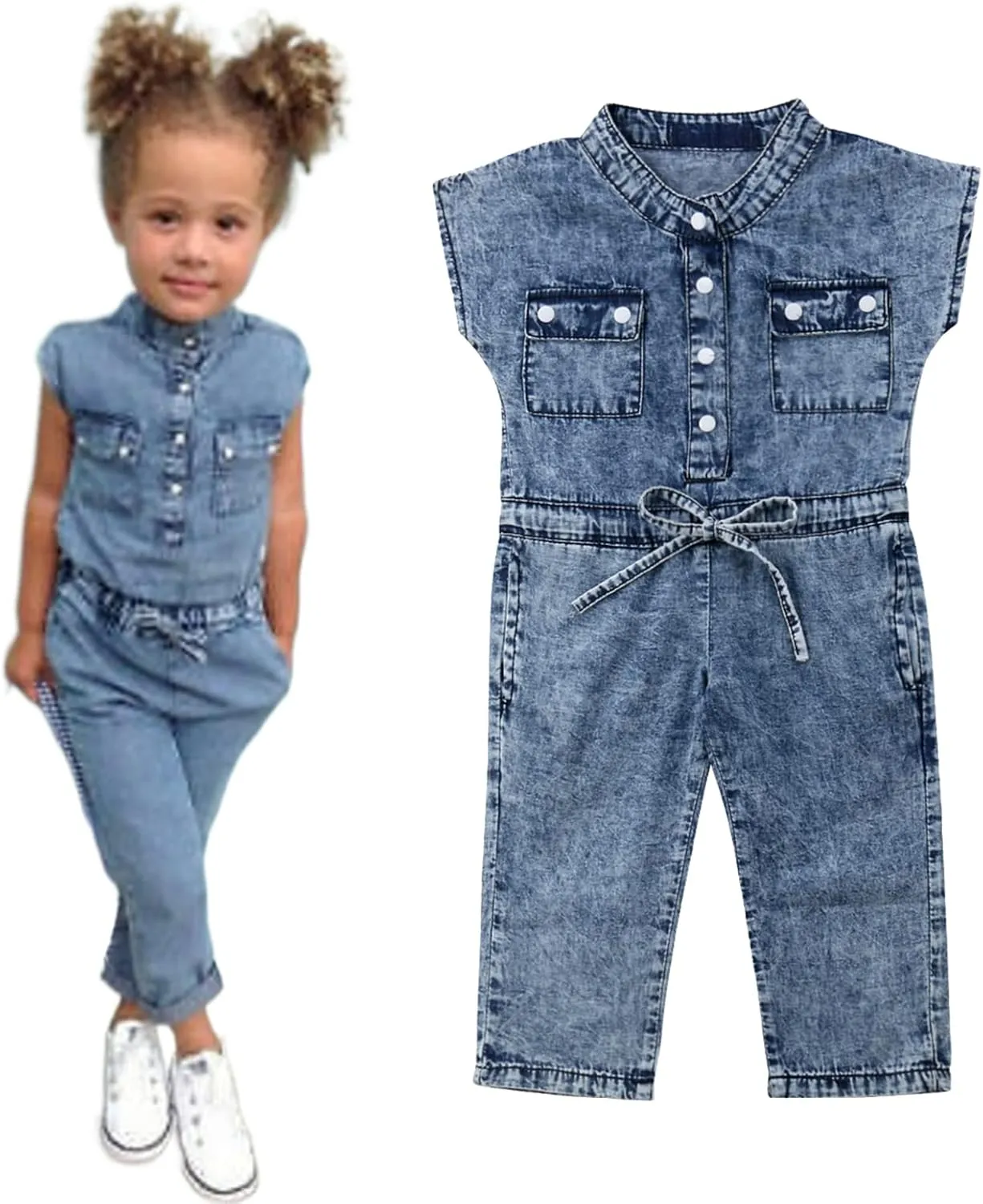 Toddler Girl Denim Pants Overalls Short Sleeve Round Neck Button Down Jeans Jumpsuit Clothing