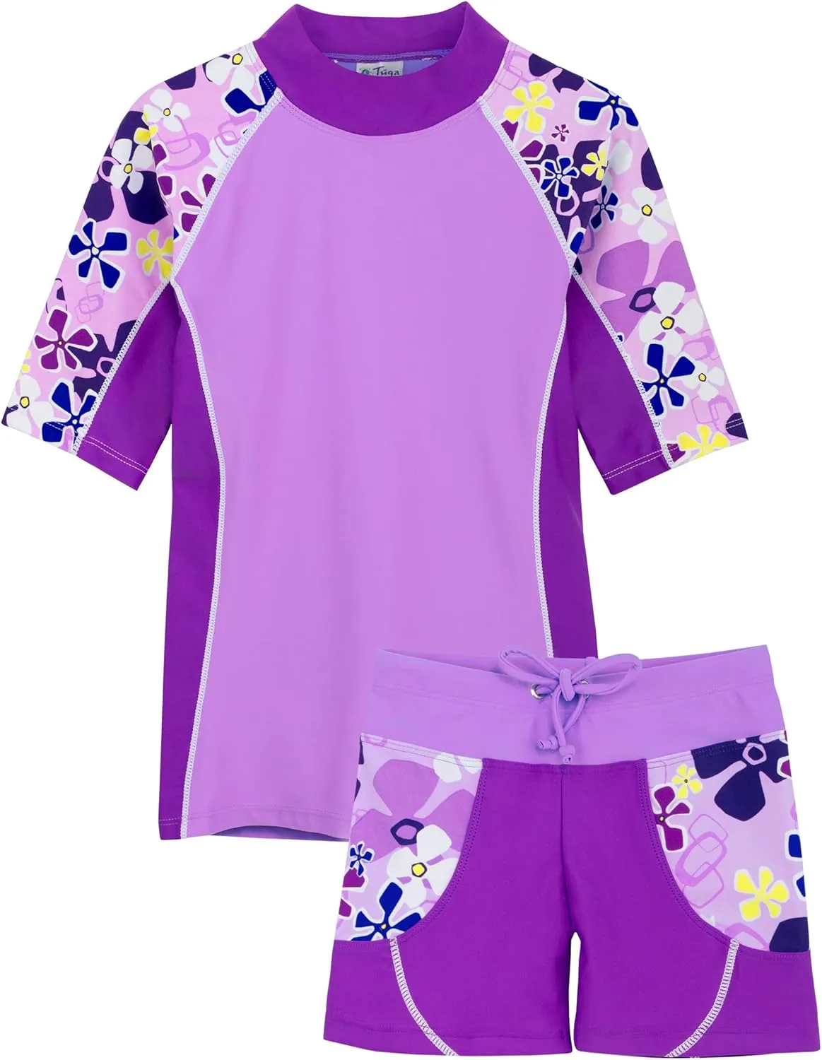 Tuga Girls Two-Piece Short Sleeve Swimsuit Set 2-14Years, UPF 50  Sun Protection