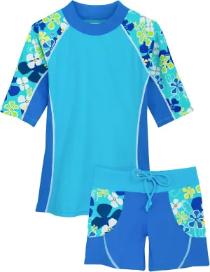 Tuga Girls Two-Piece Short Sleeve Swimsuit Set 2-14Years, UPF 50  Sun Protection