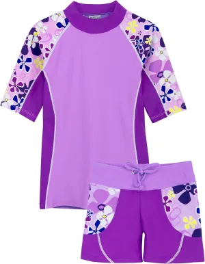 Tuga Girls Two-Piece Short Sleeve Swimsuit Set 2-14Years, UPF 50  Sun Protection