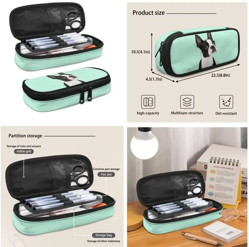 Turquoise Boston Terrier 3-Piece Backpack for Boys and Girls School Bookbags Cute Puppy Dog French Bulldog Insulated Lunch Bag Pencil Case Cushioned Straps Travel Outdoor Backpack