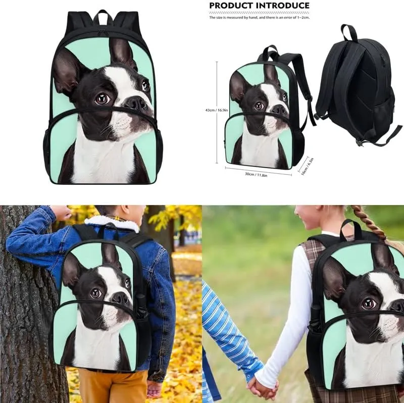Turquoise Boston Terrier 3-Piece Backpack for Boys and Girls School Bookbags Cute Puppy Dog French Bulldog Insulated Lunch Bag Pencil Case Cushioned Straps Travel Outdoor Backpack
