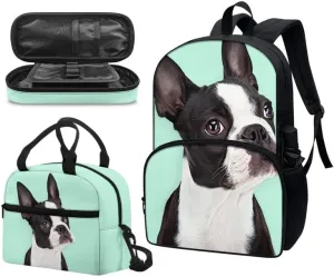 Turquoise Boston Terrier 3-Piece Backpack for Boys and Girls School Bookbags Cute Puppy Dog French Bulldog Insulated Lunch Bag Pencil Case Cushioned Straps Travel Outdoor Backpack