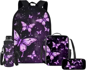 Upetstory Butterfly Backpack for Girls 6-8 10-12 Kids School Bag with Lunch Box Preschool Kindergarten Bookbag Set Teen Girls School Backpacks Pencil Case Chidlren Water Bottle Sleeve