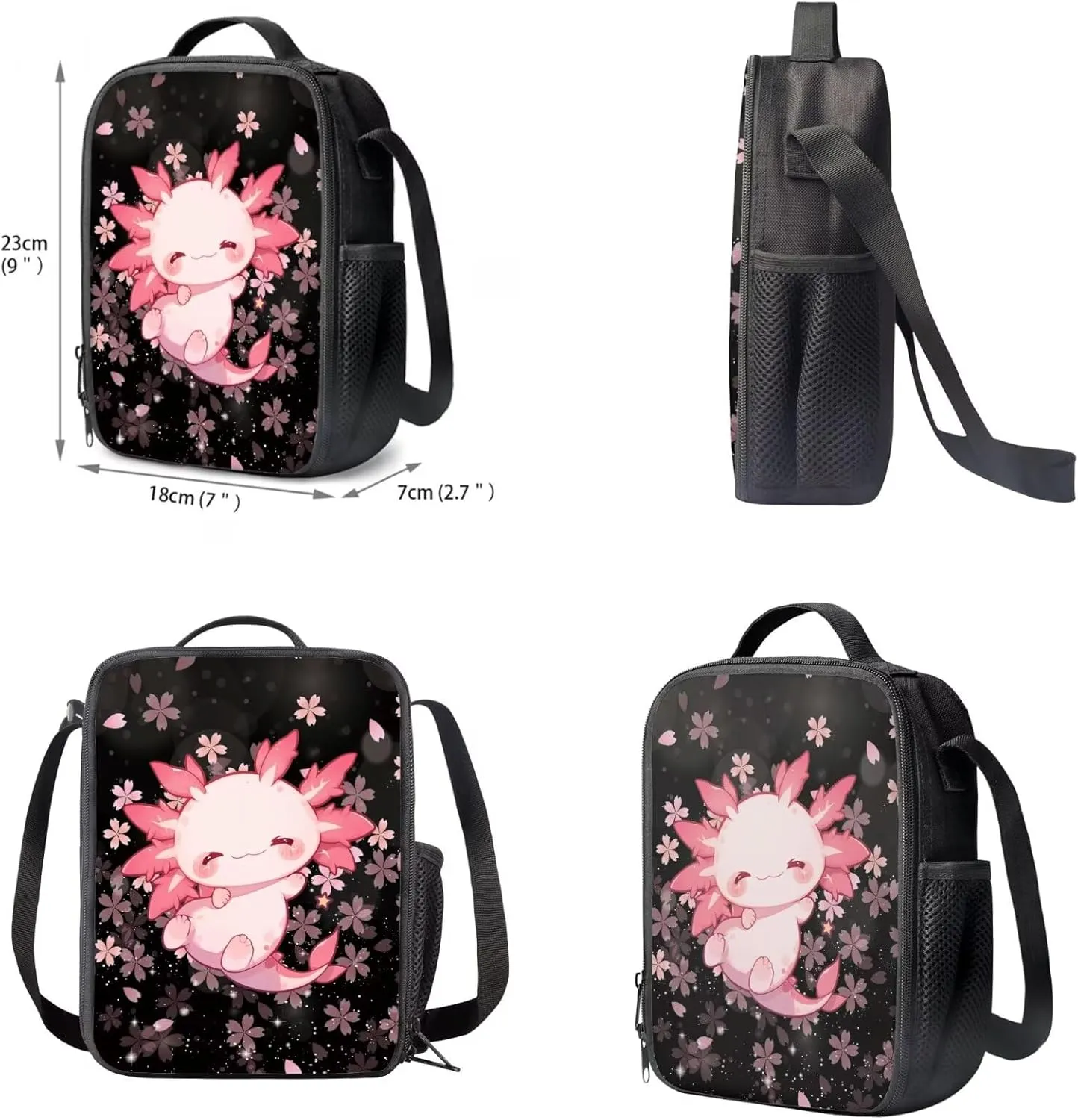 Upetstory Cherry Blossom Axolotl Backpack for Girls School Bag Set with Lunchbag Teen Girls School Backpacks Tween Schoolbag Elementary Kindergarten Preschool Middle School Bookbag Pencilcase