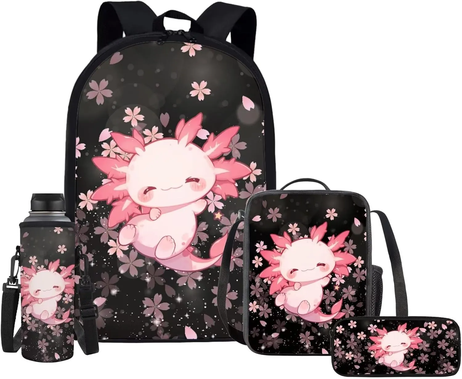 Upetstory Cherry Blossom Axolotl Backpack for Girls School Bag Set with Lunchbag Teen Girls School Backpacks Tween Schoolbag Elementary Kindergarten Preschool Middle School Bookbag Pencilcase