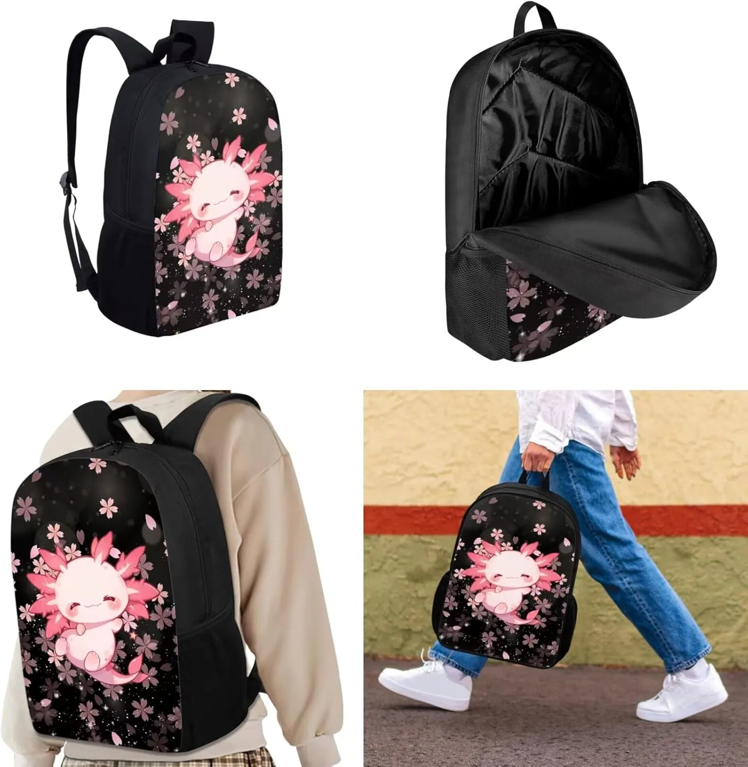 Upetstory Cherry Blossom Axolotl Backpack for Girls School Bag Set with Lunchbag Teen Girls School Backpacks Tween Schoolbag Elementary Kindergarten Preschool Middle School Bookbag Pencilcase