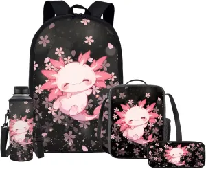 Upetstory Cherry Blossom Axolotl Backpack for Girls School Bag Set with Lunchbag Teen Girls School Backpacks Tween Schoolbag Elementary Kindergarten Preschool Middle School Bookbag Pencilcase