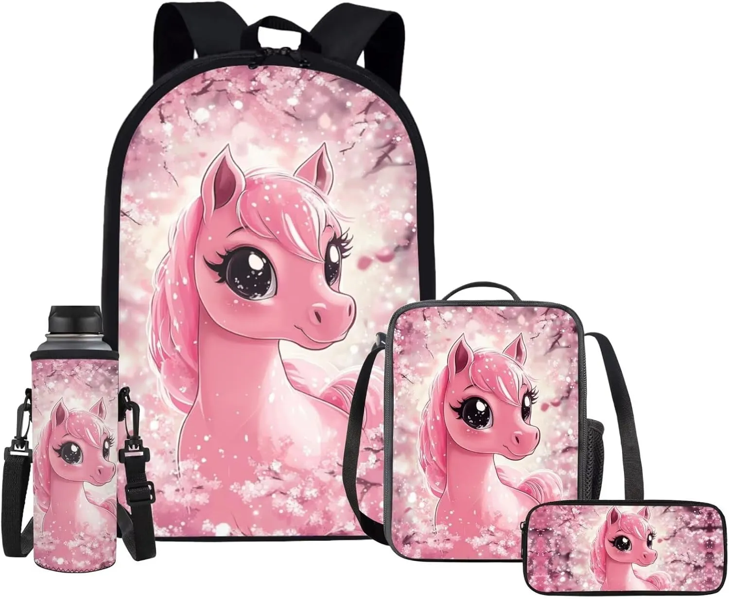 Upetstory Cherry Blossom School Bag Horse Backpack for Girls School Bookbag Set with Lunch Box Cute School Supplies Kawaii Set 5Th Grade Kids Backpacks Pencil Case Water Bottle Sleeve 4PCS/Set