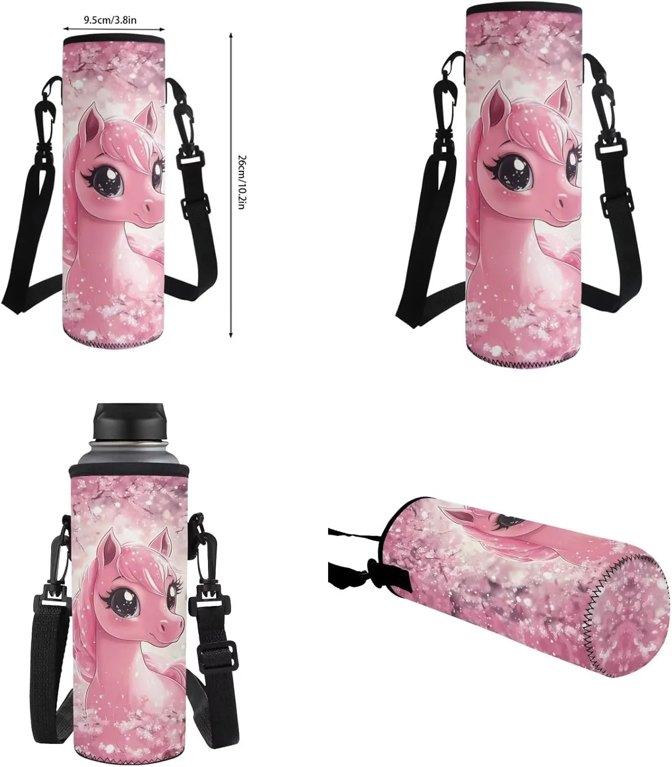 Upetstory Cherry Blossom School Bag Horse Backpack for Girls School Bookbag Set with Lunch Box Cute School Supplies Kawaii Set 5Th Grade Kids Backpacks Pencil Case Water Bottle Sleeve 4PCS/Set