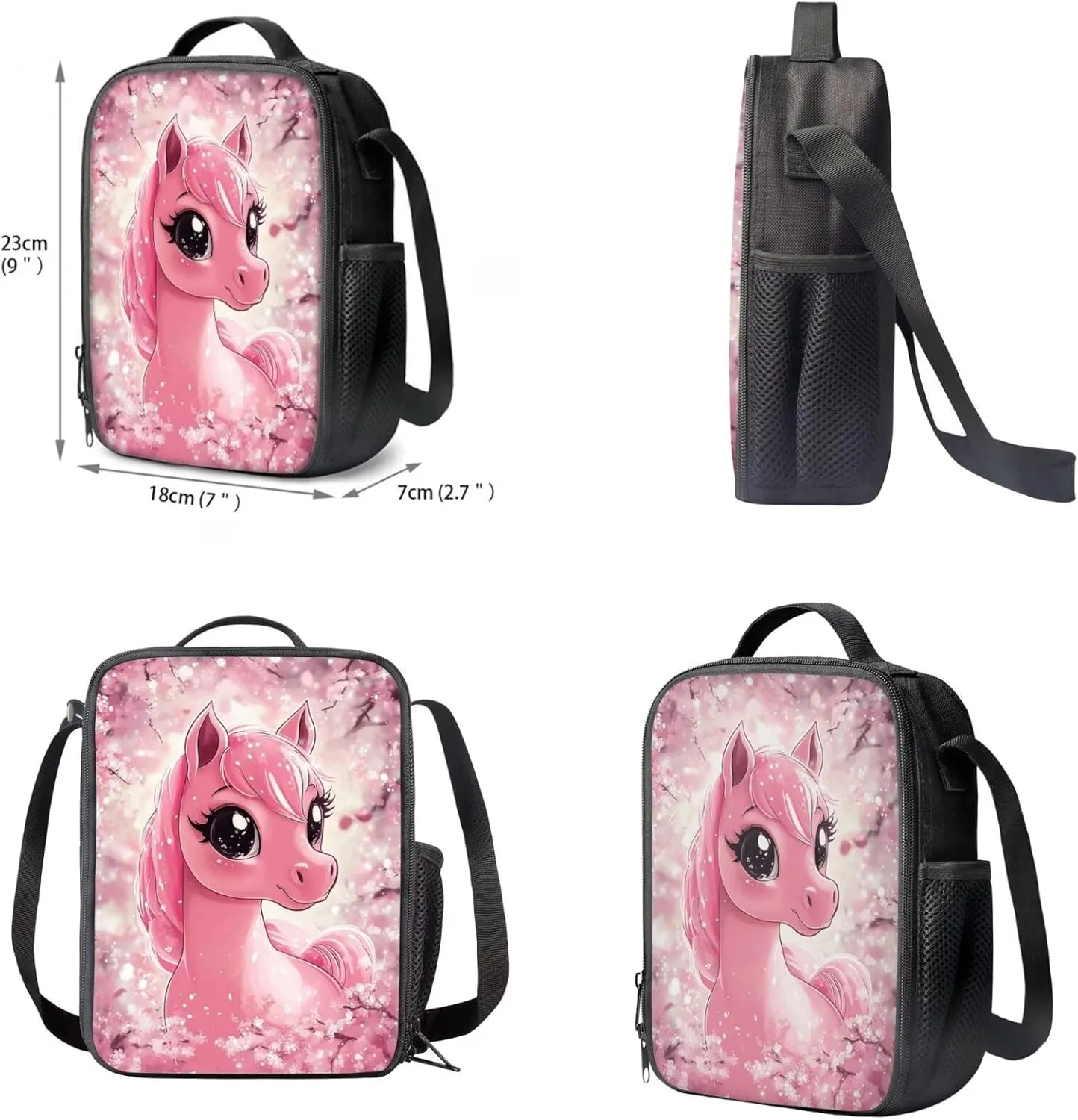 Upetstory Cherry Blossom School Bag Horse Backpack for Girls School Bookbag Set with Lunch Box Cute School Supplies Kawaii Set 5Th Grade Kids Backpacks Pencil Case Water Bottle Sleeve 4PCS/Set