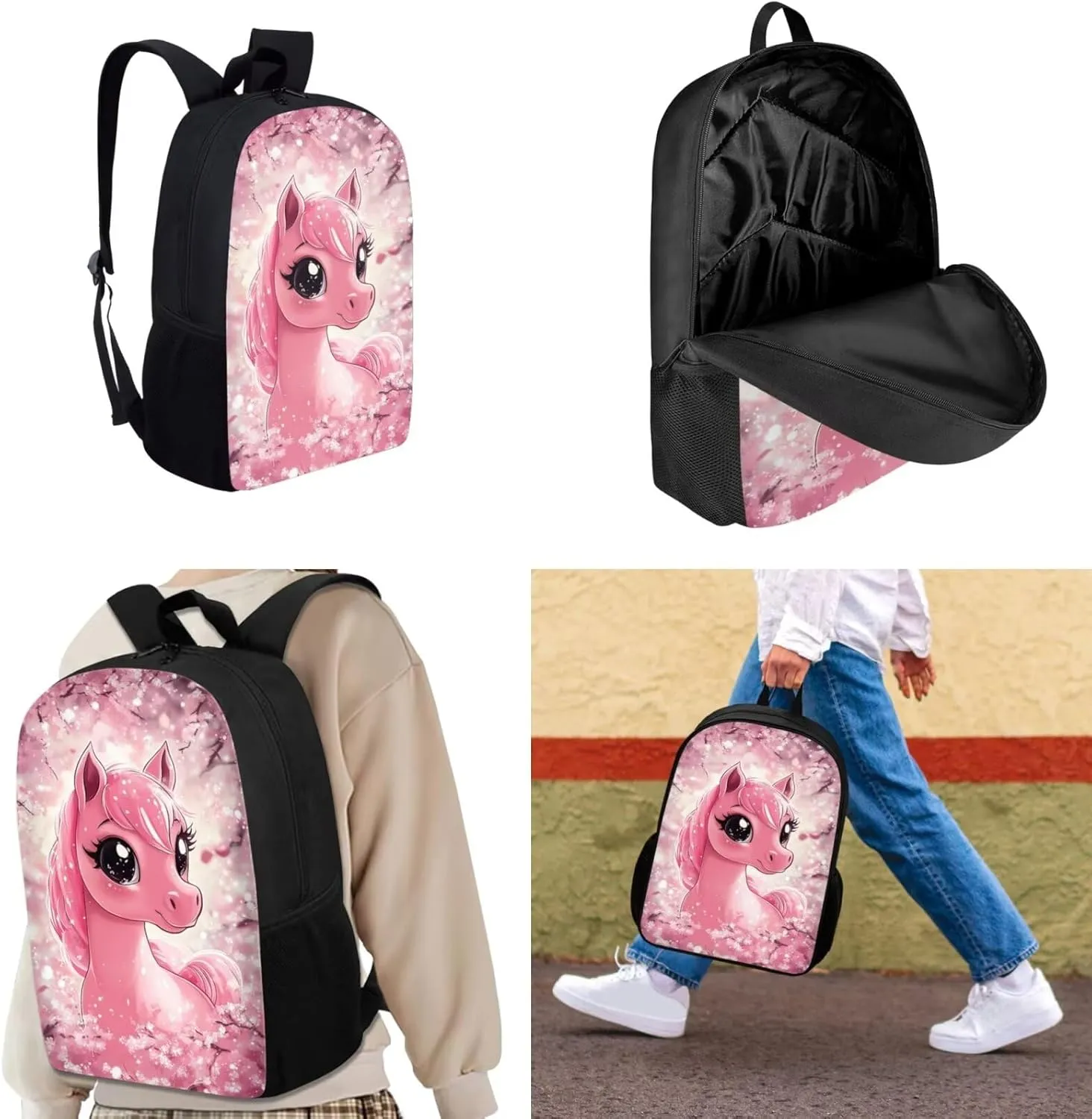 Upetstory Cherry Blossom School Bag Horse Backpack for Girls School Bookbag Set with Lunch Box Cute School Supplies Kawaii Set 5Th Grade Kids Backpacks Pencil Case Water Bottle Sleeve 4PCS/Set