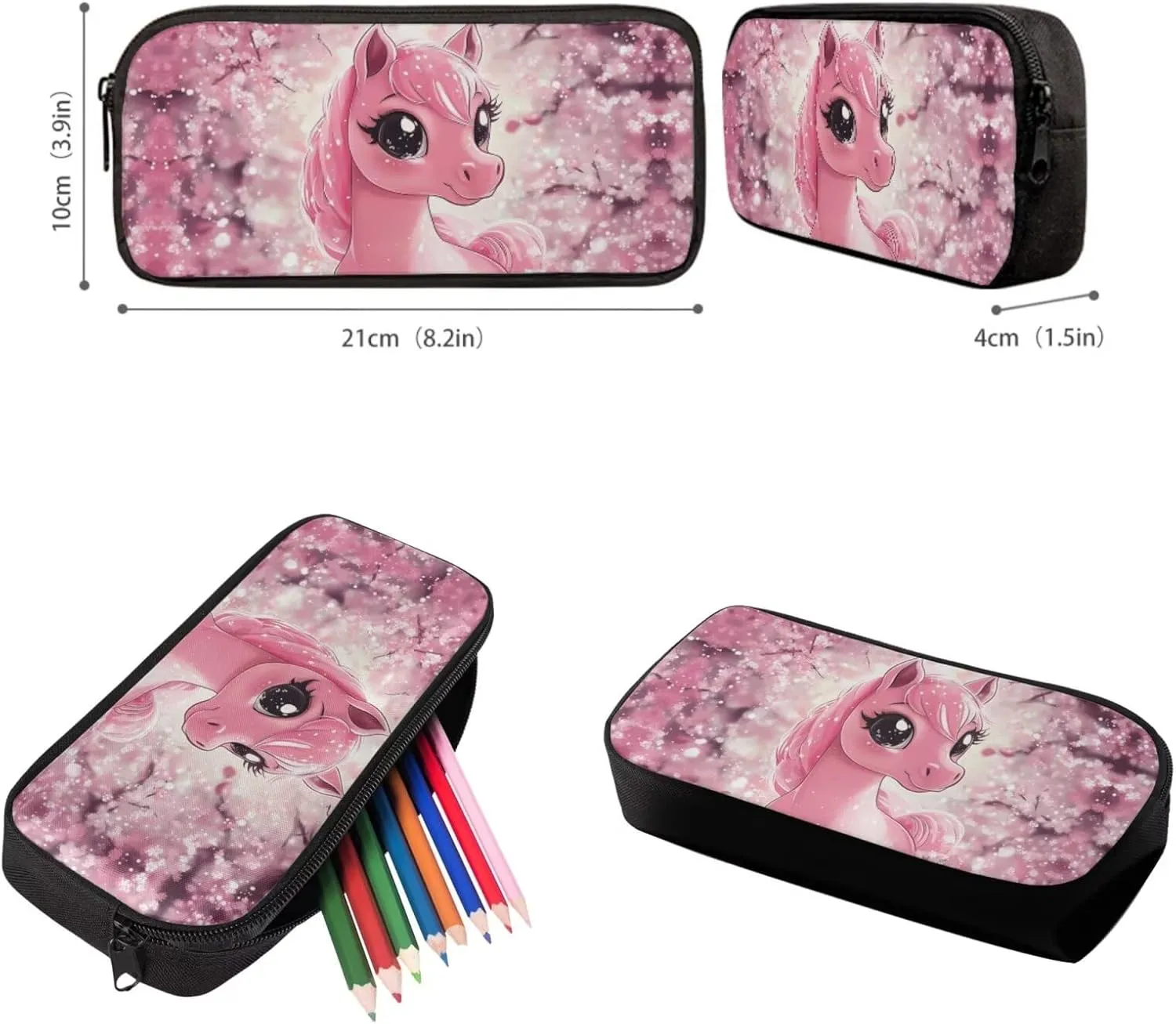 Upetstory Cherry Blossom School Bag Horse Backpack for Girls School Bookbag Set with Lunch Box Cute School Supplies Kawaii Set 5Th Grade Kids Backpacks Pencil Case Water Bottle Sleeve 4PCS/Set