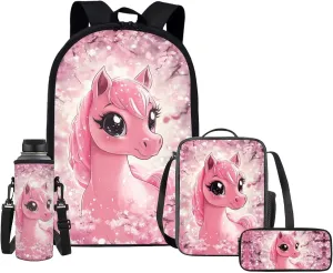 Upetstory Cherry Blossom School Bag Horse Backpack for Girls School Bookbag Set with Lunch Box Cute School Supplies Kawaii Set 5Th Grade Kids Backpacks Pencil Case Water Bottle Sleeve 4PCS/Set