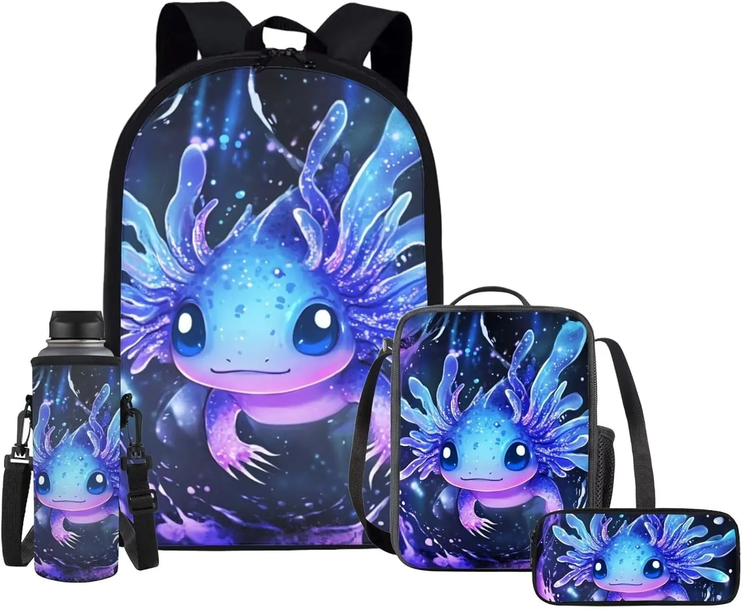 Upetstory Cool Axolotl Backpack for Kids School Bookbag 4 In 1 Set Girls School Bag with Lunch Bag Pencil Case Elementary Kindergarten Preschool Schoolbag Water Bottle Cover