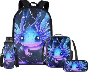 Upetstory Cool Axolotl Backpack for Kids School Bookbag 4 In 1 Set Girls School Bag with Lunch Bag Pencil Case Elementary Kindergarten Preschool Schoolbag Water Bottle Cover