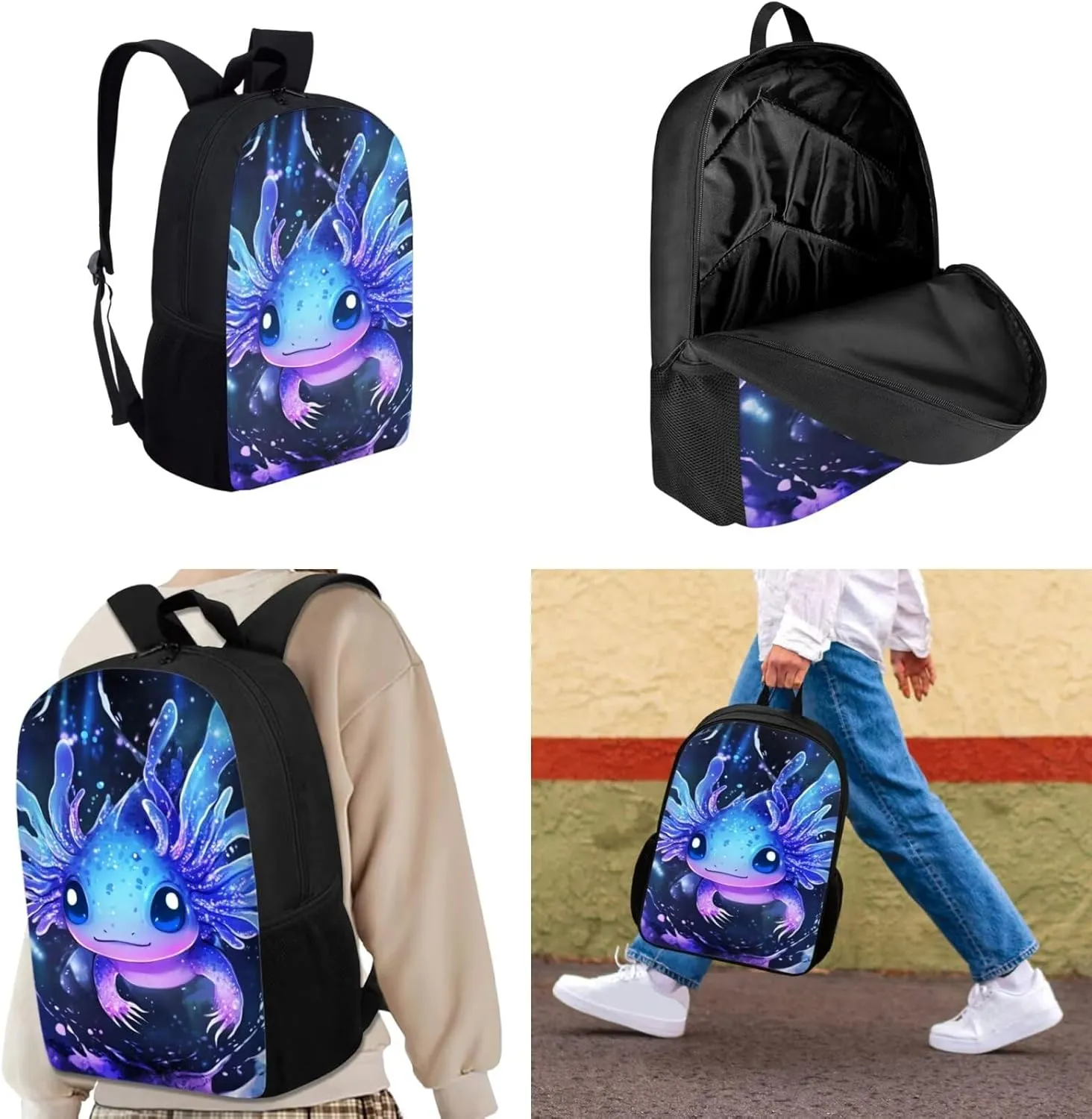 Upetstory Cool Axolotl Backpack for Kids School Bookbag 4 In 1 Set Girls School Bag with Lunch Bag Pencil Case Elementary Kindergarten Preschool Schoolbag Water Bottle Cover