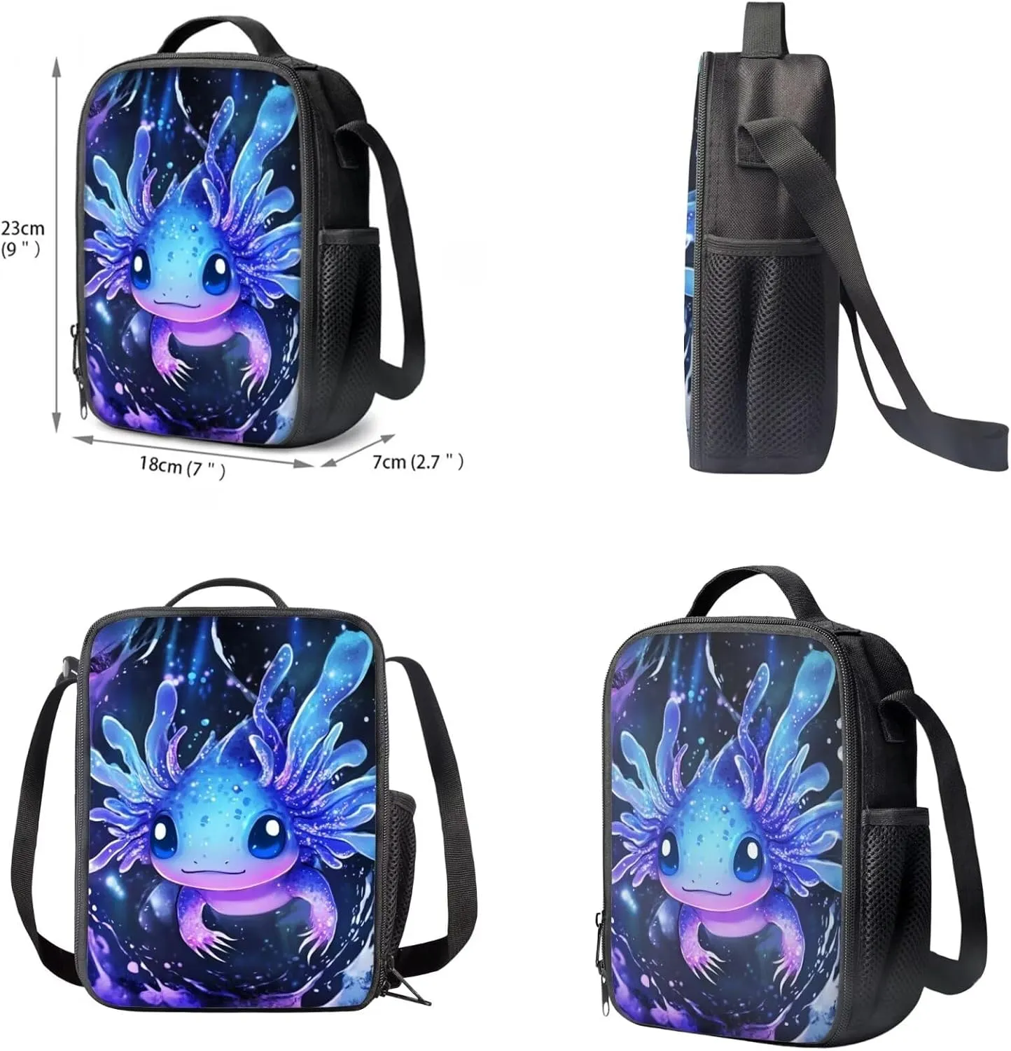 Upetstory Cool Axolotl Backpack for Kids School Bookbag 4 In 1 Set Girls School Bag with Lunch Bag Pencil Case Elementary Kindergarten Preschool Schoolbag Water Bottle Cover