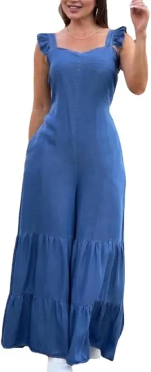 utcoco Womens Back Smocked Sleeveless Denim Jumpsuits Ruffle Wide Leg Jeans Long Rompers Jumpers Overalls