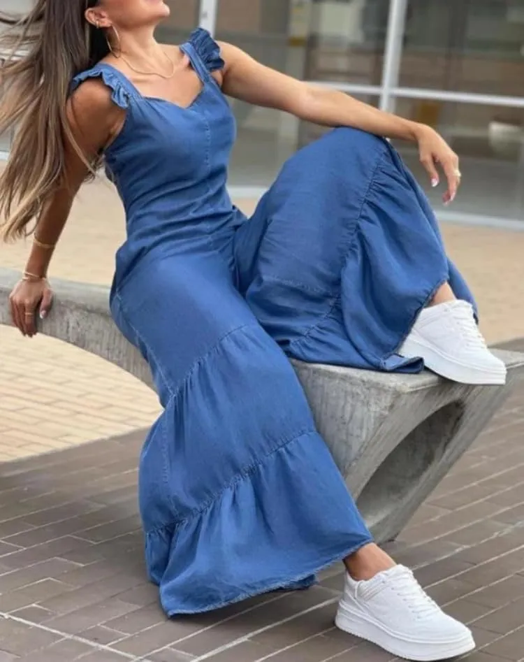 utcoco Womens Back Smocked Sleeveless Denim Jumpsuits Ruffle Wide Leg Jeans Long Rompers Jumpers Overalls