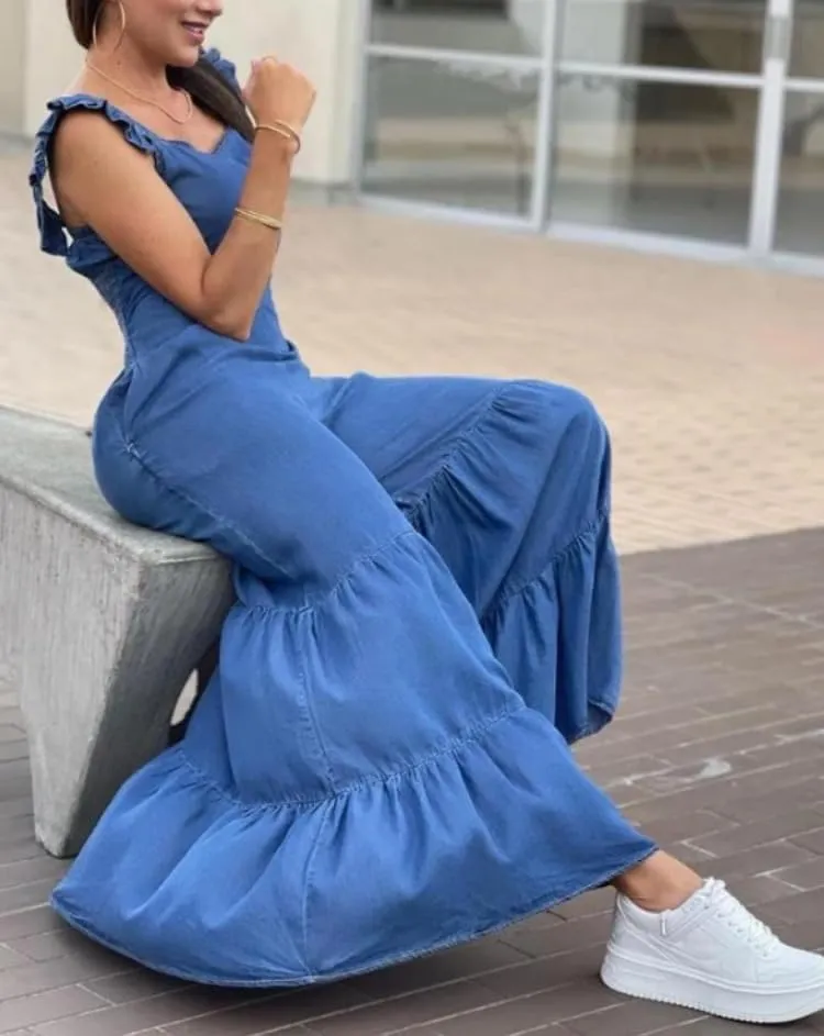 utcoco Womens Back Smocked Sleeveless Denim Jumpsuits Ruffle Wide Leg Jeans Long Rompers Jumpers Overalls
