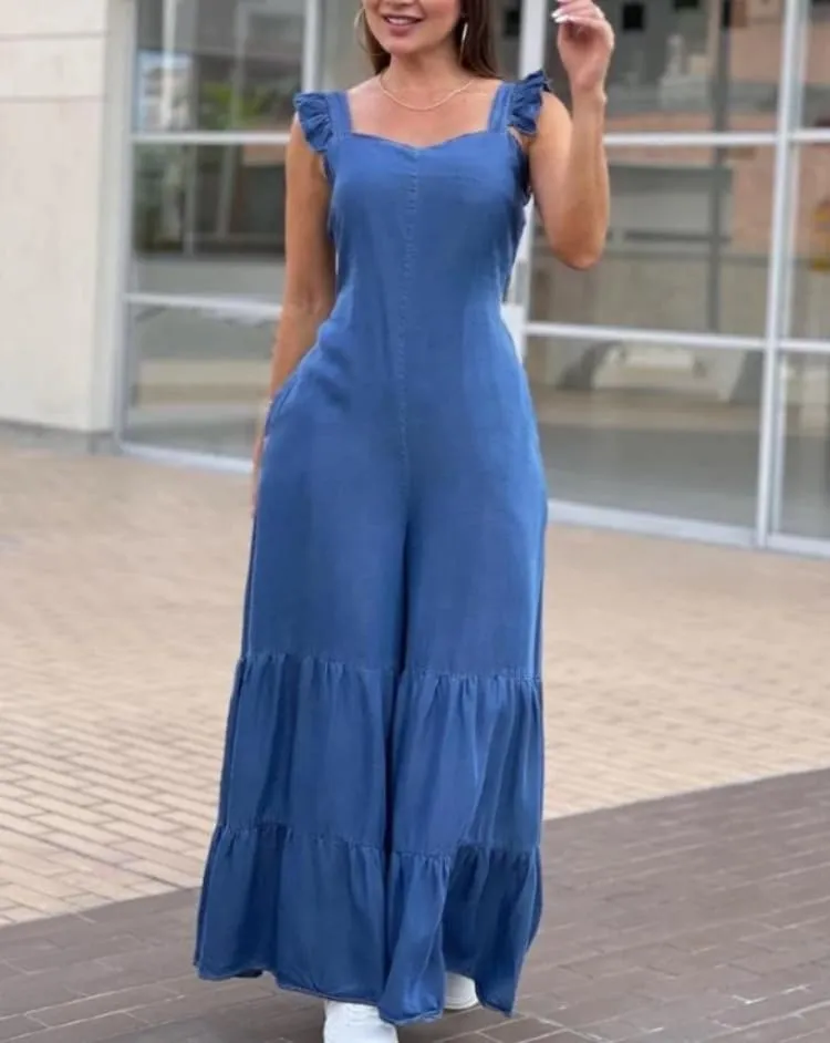 utcoco Womens Back Smocked Sleeveless Denim Jumpsuits Ruffle Wide Leg Jeans Long Rompers Jumpers Overalls