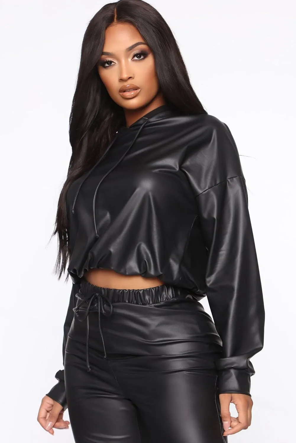 VOIKERDR Black Two Piece Outfits for Women Faux Leather Jacket Hoodie and Pants Sets Women 2 Piece Outfits