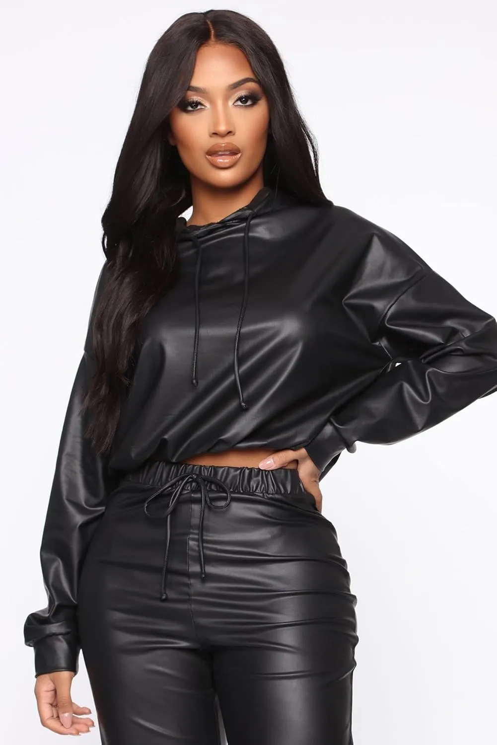 VOIKERDR Black Two Piece Outfits for Women Faux Leather Jacket Hoodie and Pants Sets Women 2 Piece Outfits
