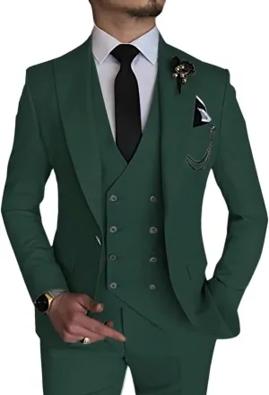 Wangyue 3 Piece Suit Slim Fit Men Suits Double Breasted Wedding Party One Button Blazer Jacket Vest Pants Sets Beige