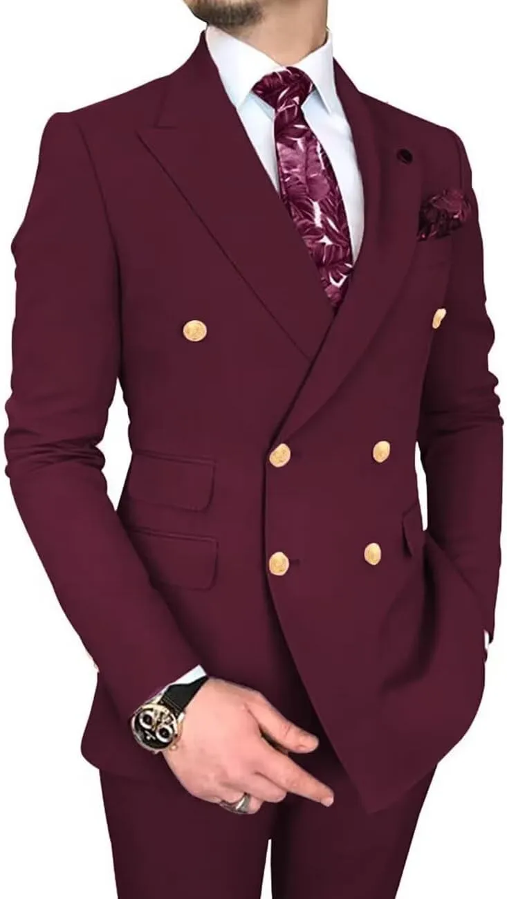 Wangyue Double Breasted Suits for Men - 2 Piece Slim Fit Peak Lapel Blazer & Pants - Business & Party Suits