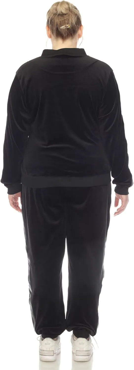 white mark Women's 2-Piece Velour Bomber Track Jacket and Sweatpants Tracksuit Set with Faux Leather Stripe