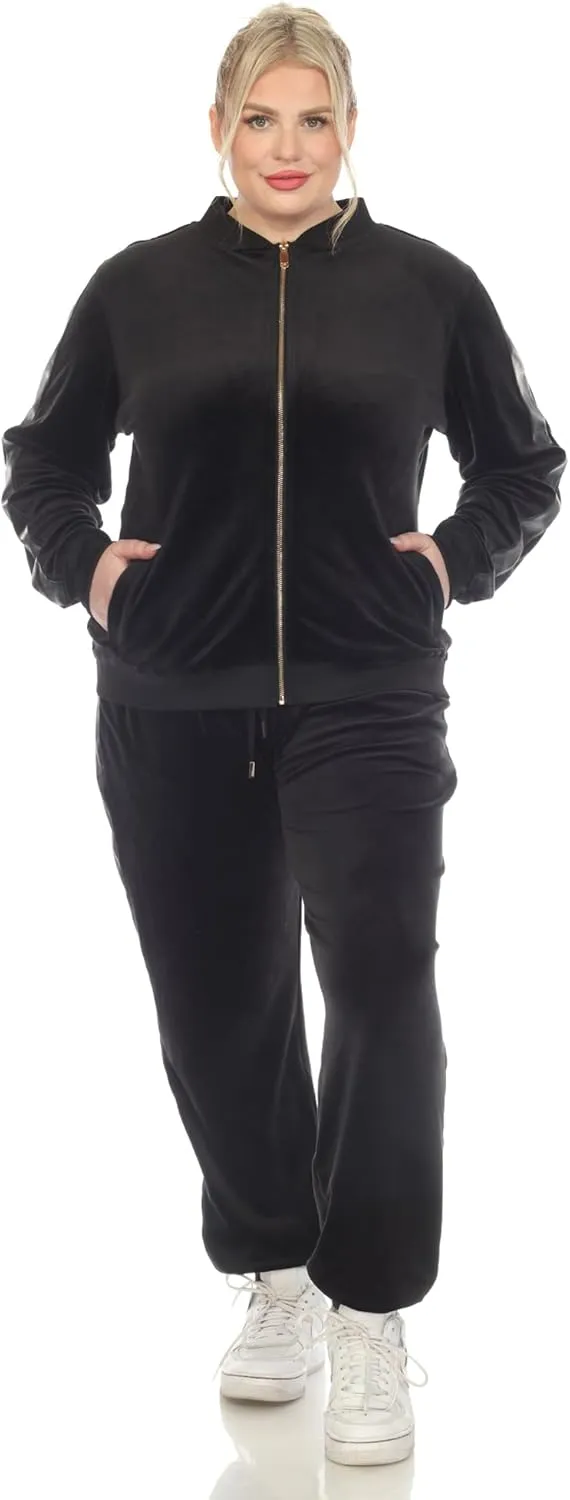 white mark Women's 2-Piece Velour Bomber Track Jacket and Sweatpants Tracksuit Set with Faux Leather Stripe