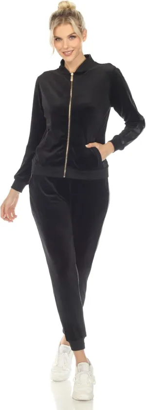 white mark Women's 2-Piece Velour Bomber Track Jacket and Sweatpants Tracksuit Set with Faux Leather Stripe