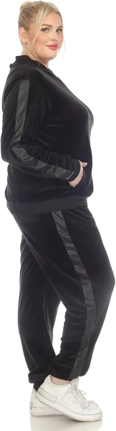white mark Women's 2-Piece Velour Bomber Track Jacket and Sweatpants Tracksuit Set with Faux Leather Stripe