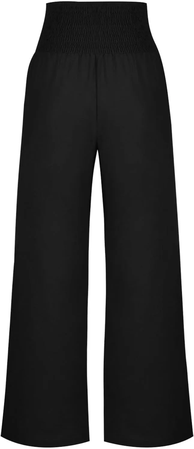 Wide Leg Linen Pants Women Smocked High Waisted Palazzo Pants Dressy Casual Ladies Loose Lounge Trousers with Pockets