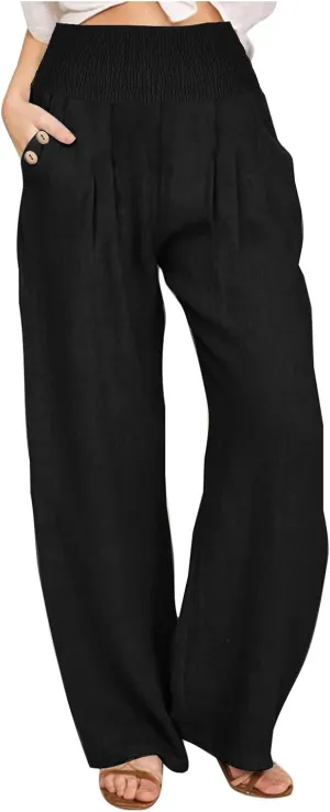Wide Leg Linen Pants Women Smocked High Waisted Palazzo Pants Dressy Casual Ladies Loose Lounge Trousers with Pockets
