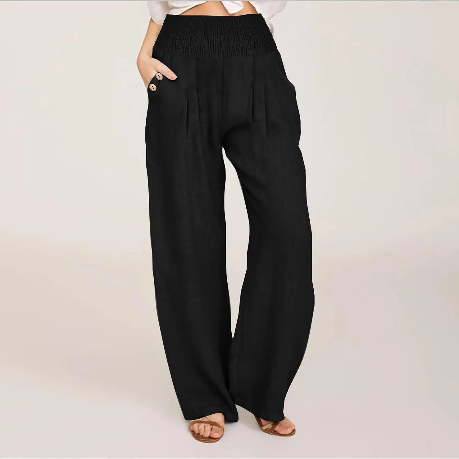 Wide Leg Linen Pants Women Smocked High Waisted Palazzo Pants Dressy Casual Ladies Loose Lounge Trousers with Pockets
