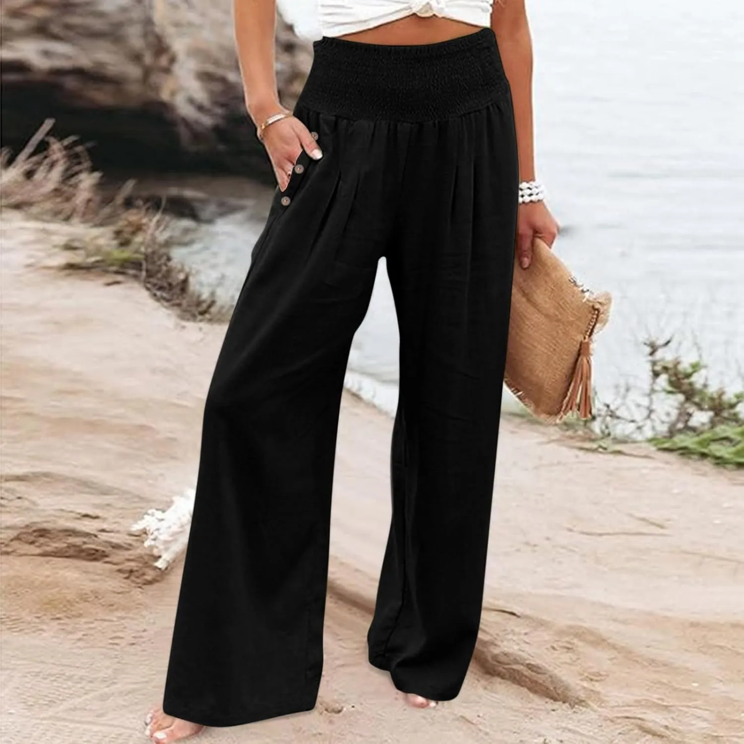 Wide Leg Linen Pants Women Smocked High Waisted Palazzo Pants Dressy Casual Ladies Loose Lounge Trousers with Pockets