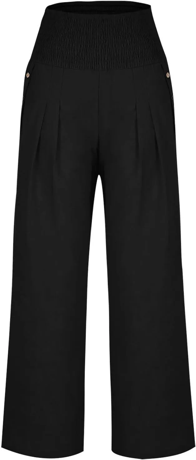 Wide Leg Linen Pants Women Smocked High Waisted Palazzo Pants Dressy Casual Ladies Loose Lounge Trousers with Pockets