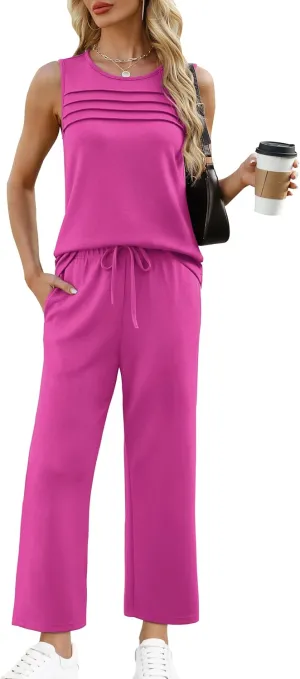 WIHOLL Two Piece Sets for Women Summer Outfits Matching Lounge Sets Wide Leg Crop Pants Vacation Travel