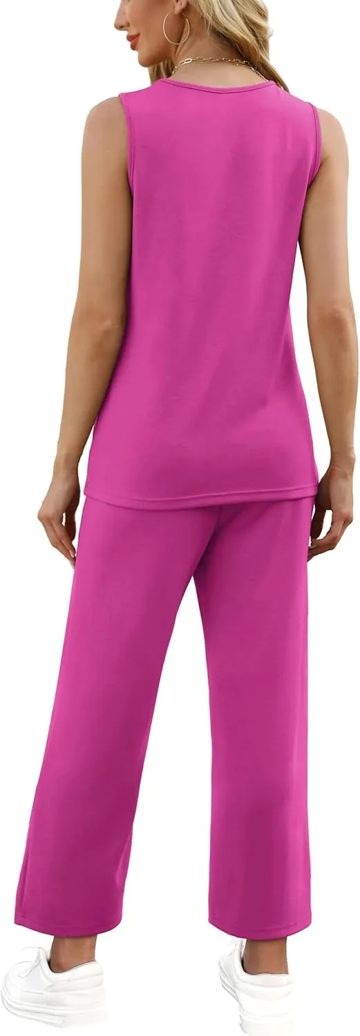WIHOLL Two Piece Sets for Women Summer Outfits Matching Lounge Sets Wide Leg Crop Pants Vacation Travel