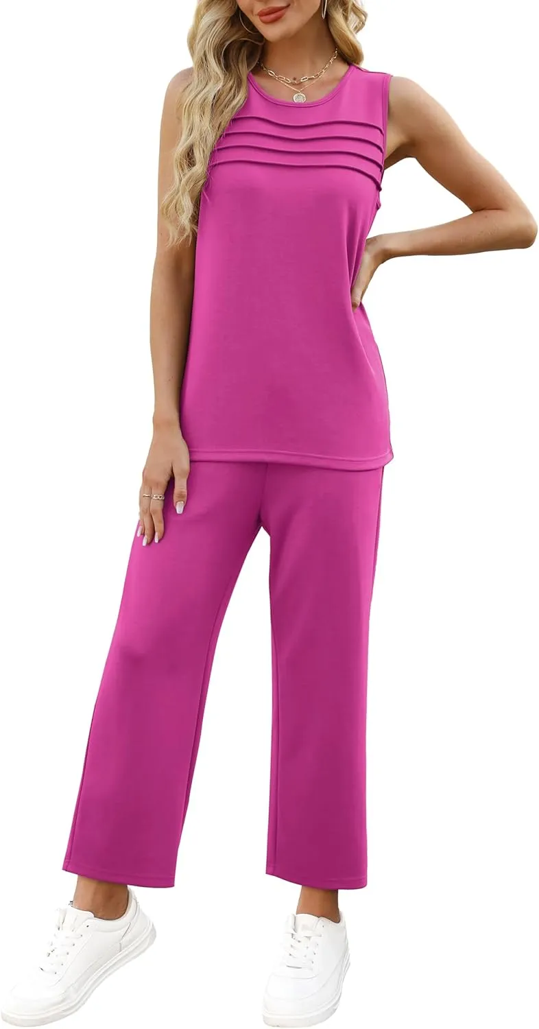 WIHOLL Two Piece Sets for Women Summer Outfits Matching Lounge Sets Wide Leg Crop Pants Vacation Travel
