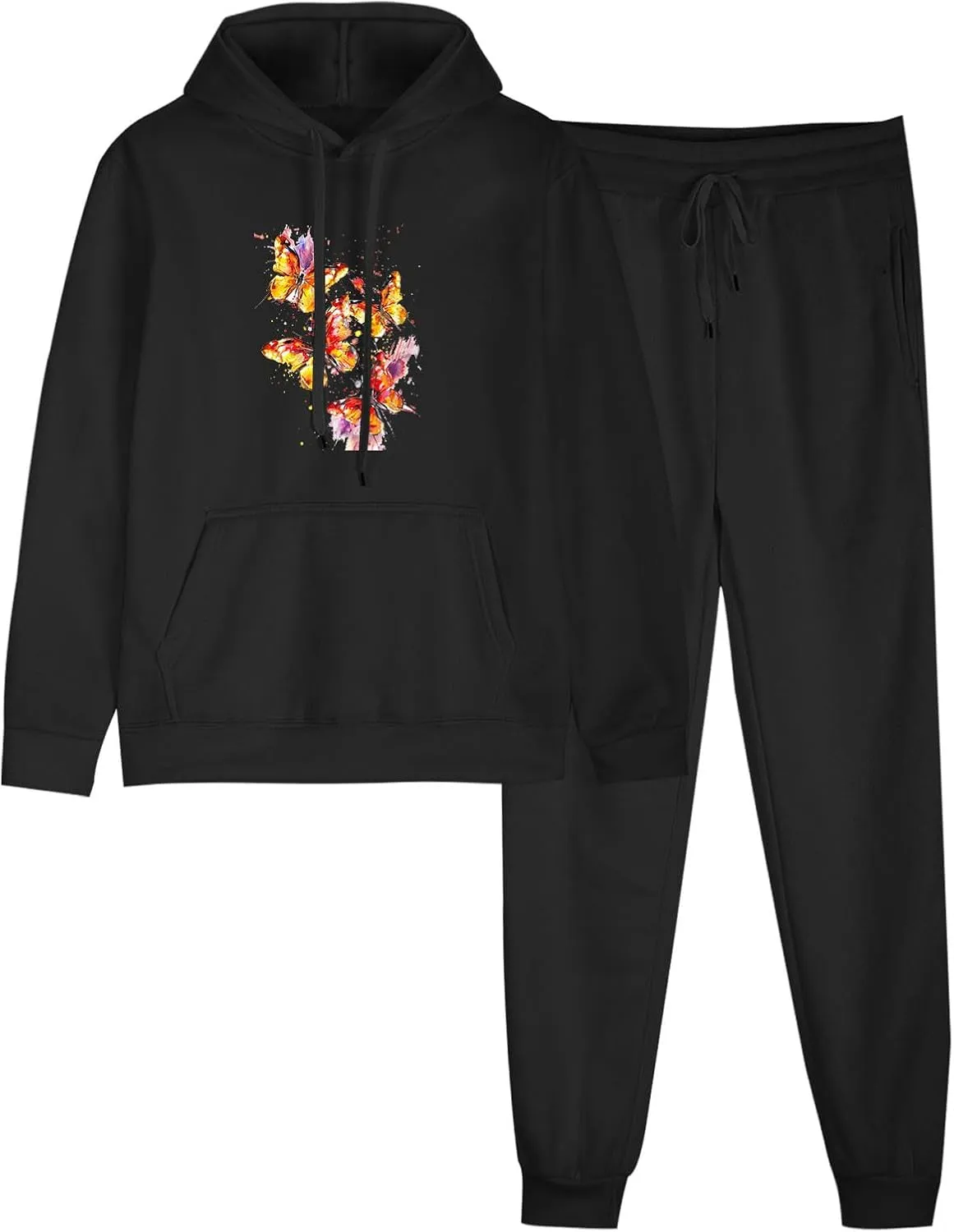 Women 2 Piece Outfits Lounge Sets Cute Butterfly Graphic Hoodie Sweatshirt Sweatpants Tracksuit Sweatsuit Set Pockets