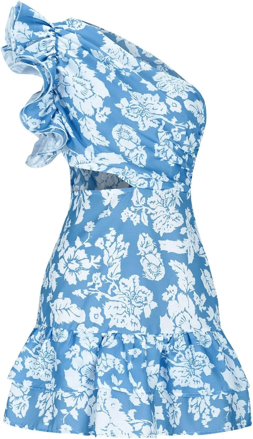 Women Boho Floral Beach Dress Frill Sleeveless One Shoulder Cut Out Mini Dresses Summer Tiered Ruffle Vacation Dress
