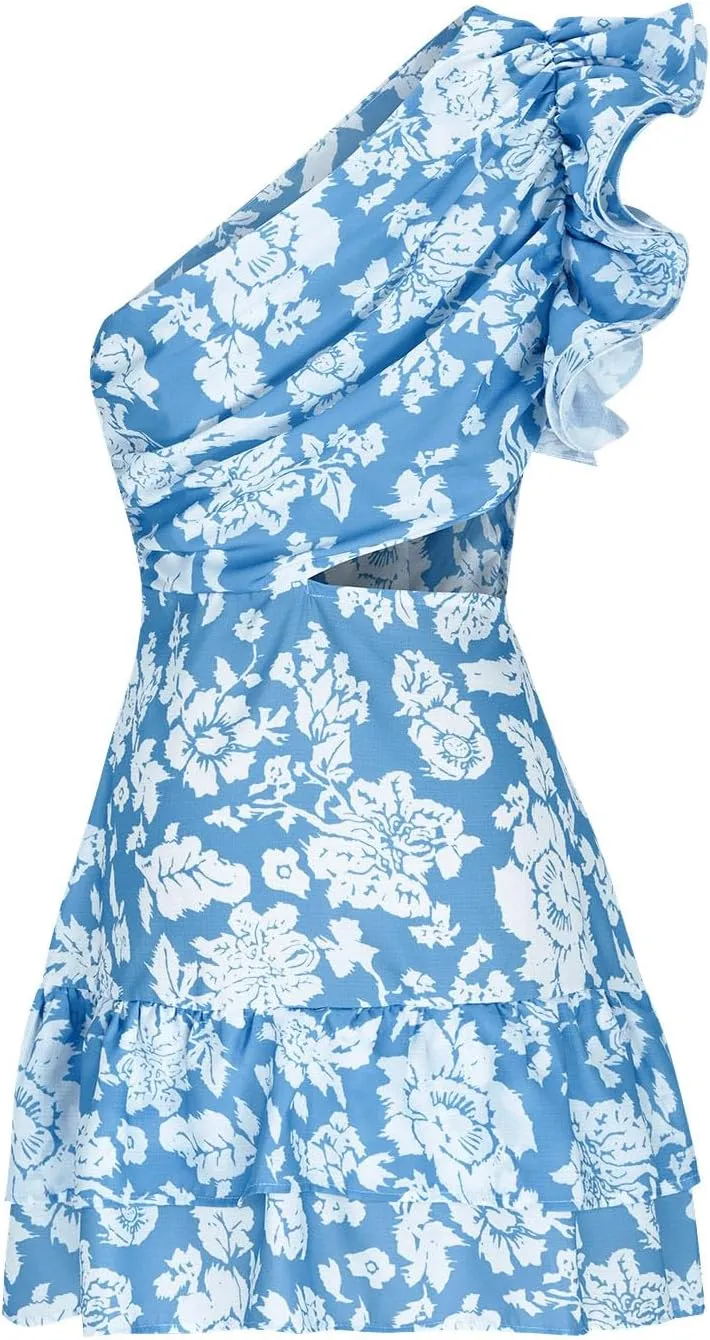 Women Boho Floral Beach Dress Frill Sleeveless One Shoulder Cut Out Mini Dresses Summer Tiered Ruffle Vacation Dress