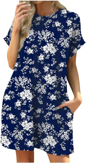 Women Boho Floral T-Shirt Dresses Casual Loose Fit Tunic Dresses Crewneck Short Sleeve Comfy Mini Dress with Pockets