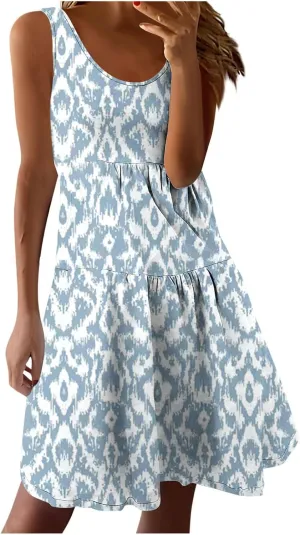 Women Boho Tiered Ruffle Mini Sundress Summer Sleeveless Crewneck A-Line Dresses Flowy Casual Beach Vacation Dress