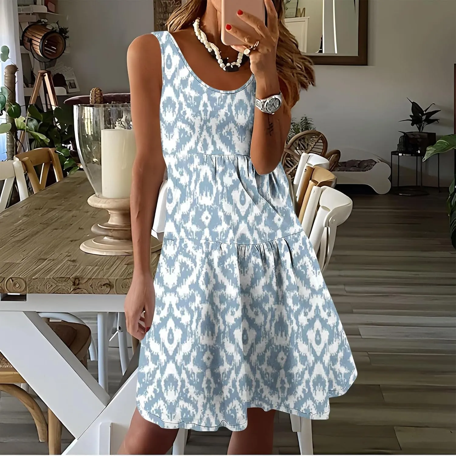 Women Boho Tiered Ruffle Mini Sundress Summer Sleeveless Crewneck A-Line Dresses Flowy Casual Beach Vacation Dress
