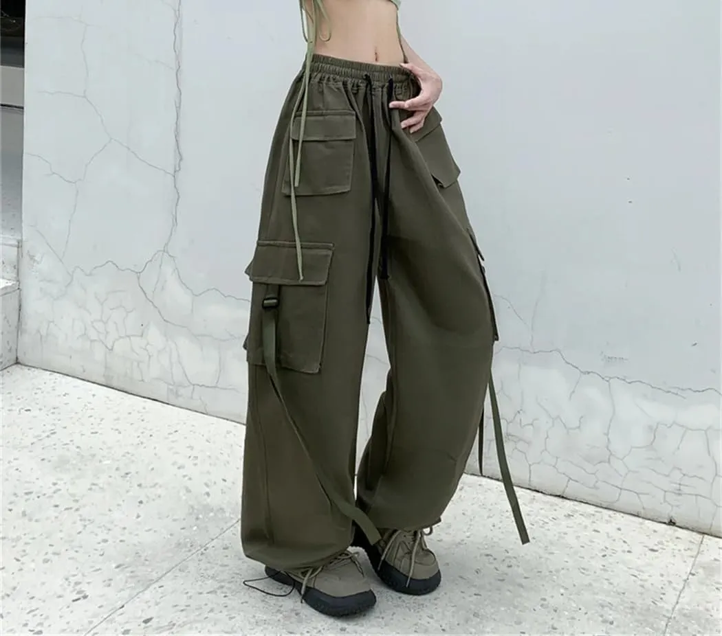 Women Cotton Cargo Pantswith Ribbon High Waist Wide Leg Dances Pants Ladies